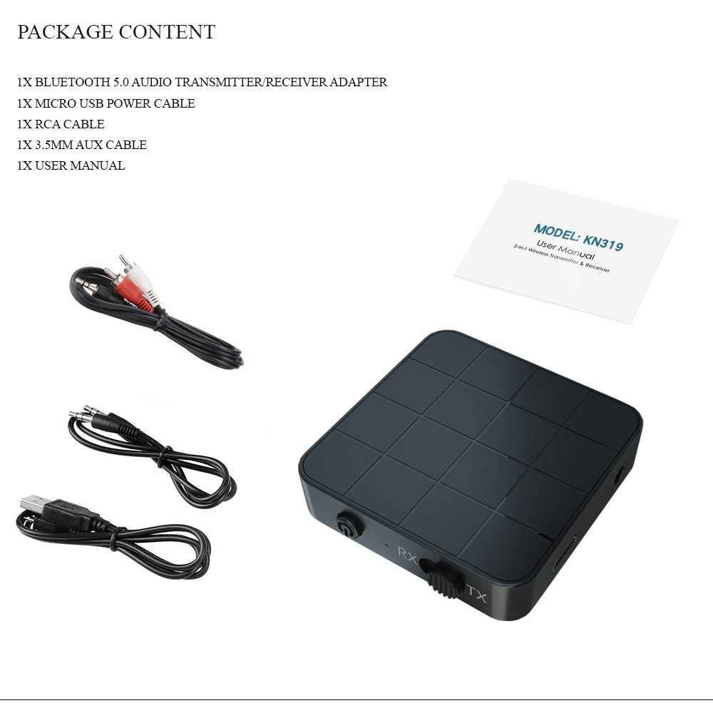 KN321 2 in 1 Real Stereo Bluetooth 5.0 Receiver Transmitter Bluetooth Wireless Adapter Audio With 3.5MM AUX for Home TV MP3 PC