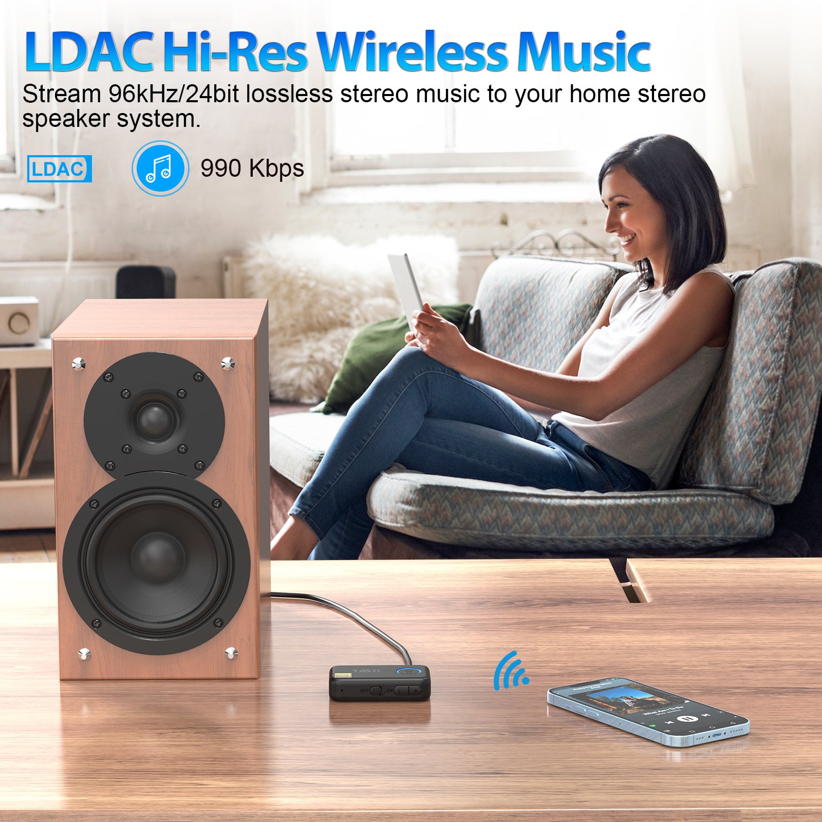 1Mii Car Bluetooth Kit with Hands-Free Calling 3.5mm AUX Bluetooth Adapter 10H Hi-Res LDAC Wireless Bluetooth 5.0 Audio Receiver