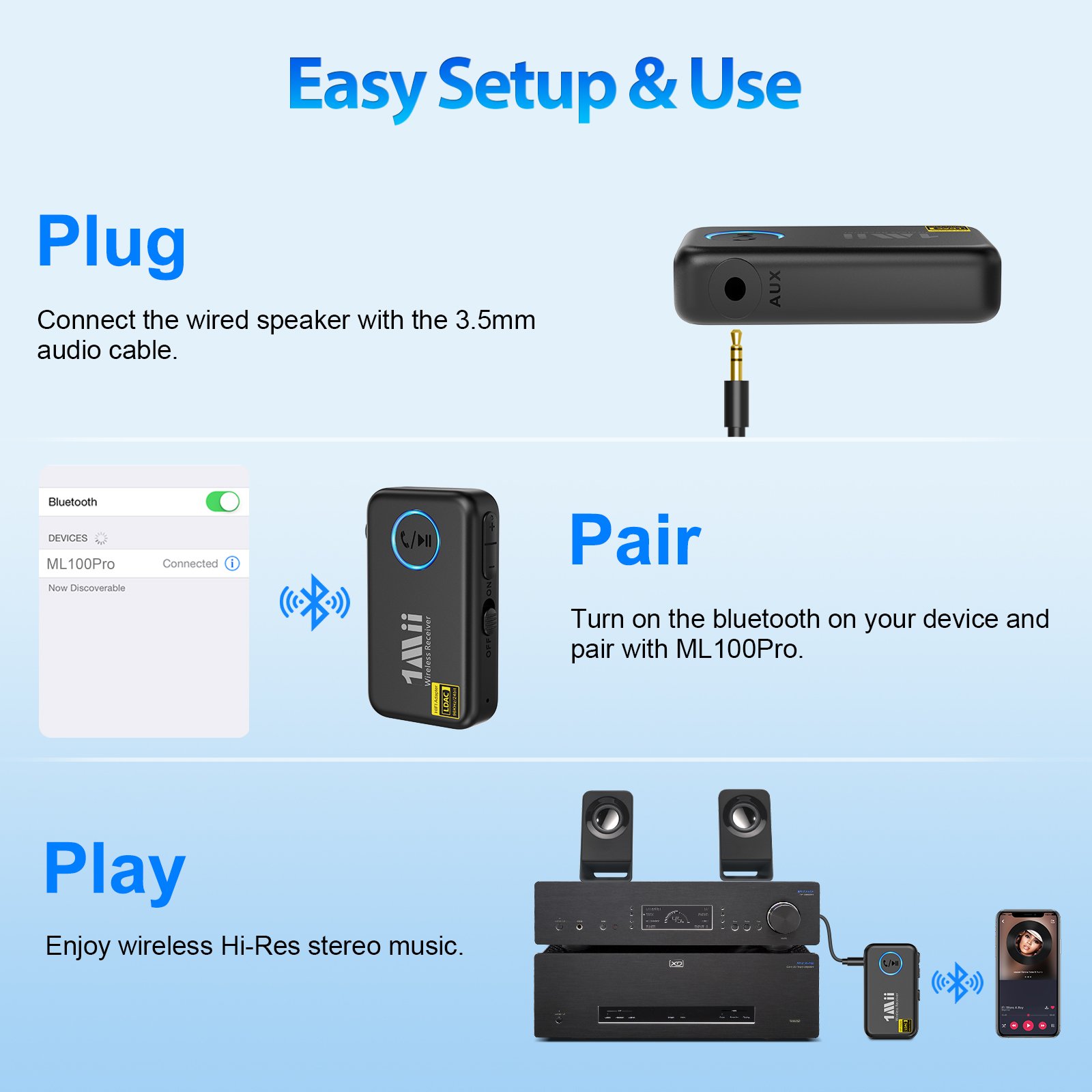 1Mii Car Bluetooth Kit with Hands-Free Calling 3.5mm AUX Bluetooth Adapter 10H Hi-Res LDAC Wireless Bluetooth 5.0 Audio Receiver