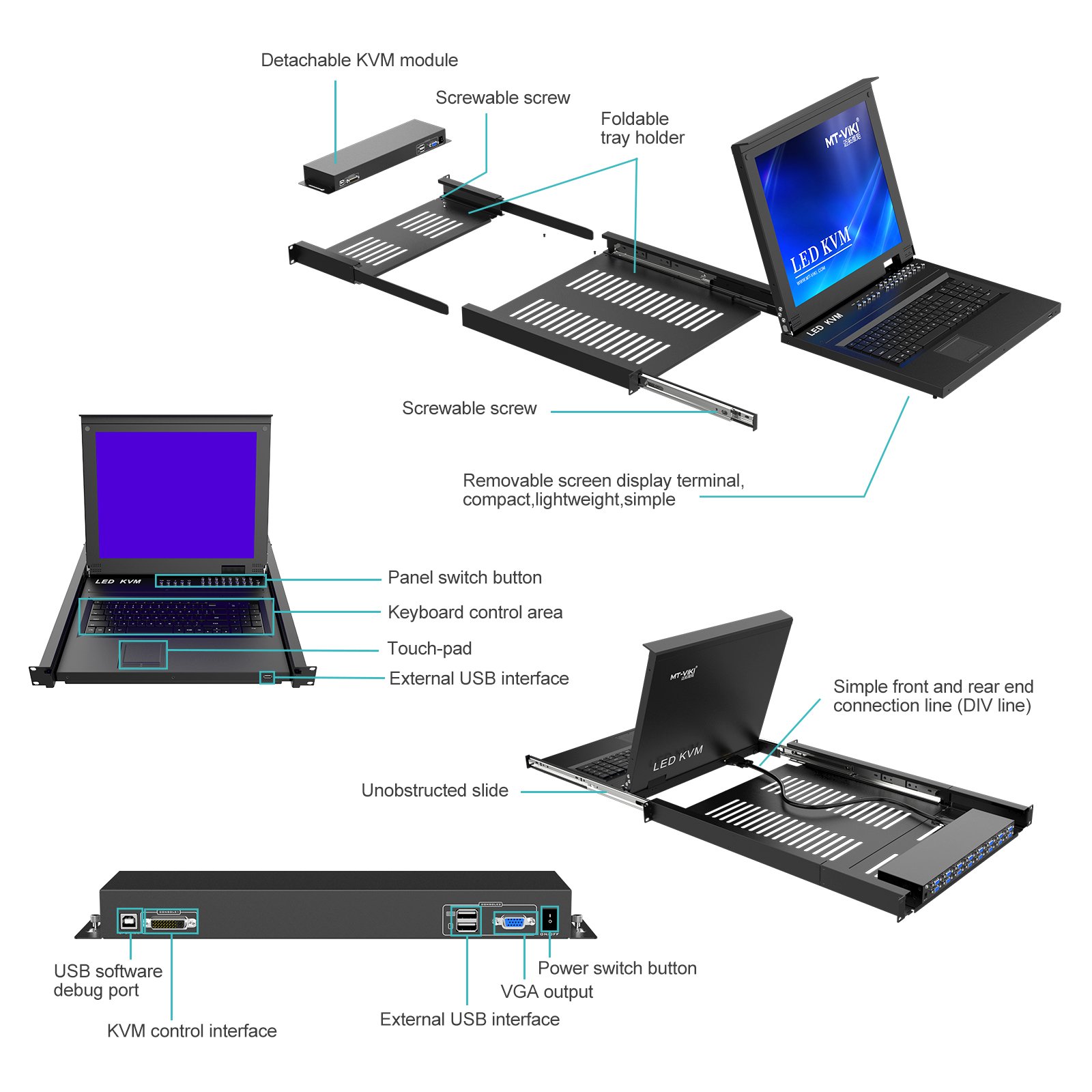 17'' LED 16 Port Rackmount KVM Switch Console Drawer + 16-pack Cables, MT-VIKI USB VGA LCD KVM Switch 16 in 1 Out