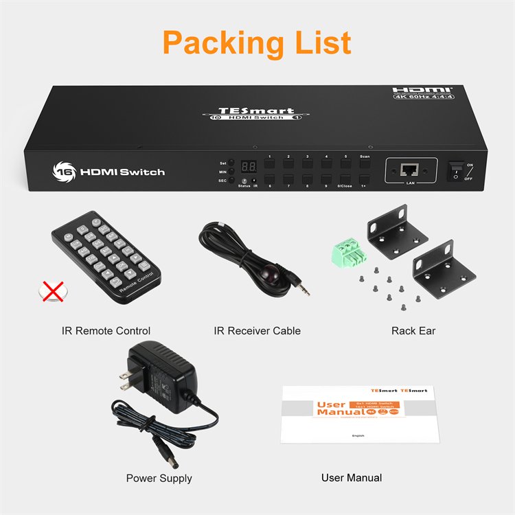 TESmart 16X1 HDMI Switch 16 in 1 Out 4K with IR Remote Rack-Ears Mount 4K@60hz LAN Port Control Auto Scan Switcher