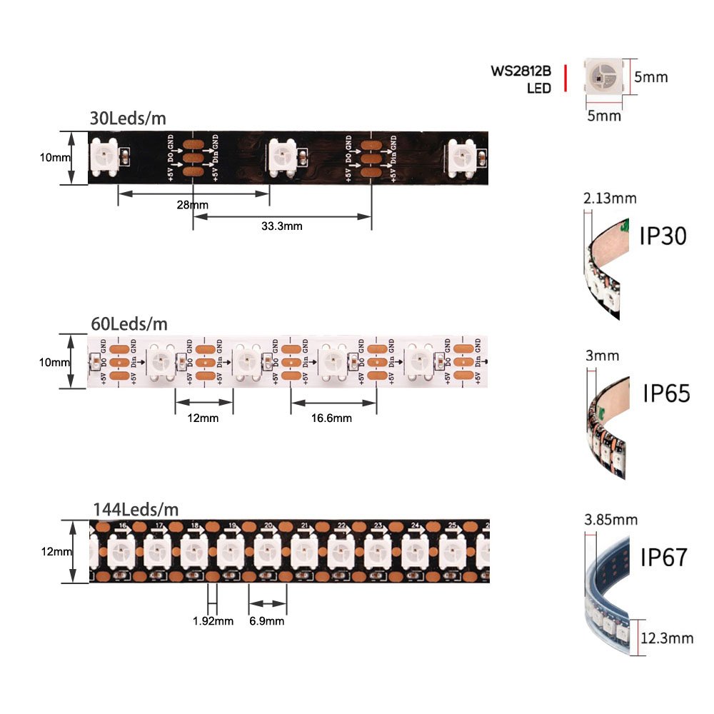 WS2812B Individually Addressable LED Strip WS2812 Smart 5050 RGBIC LED Light DC5V