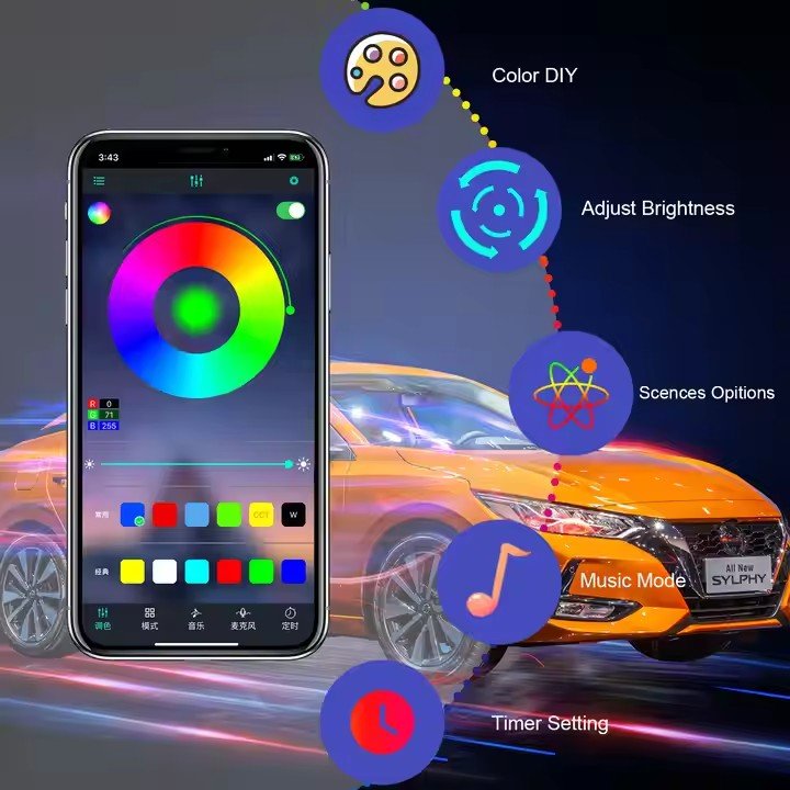 Hot Sale RGB Bluetooth Control Car Interior Led Strip Light Automatic Atmosphere Light Dimming Lighting Strip Kit