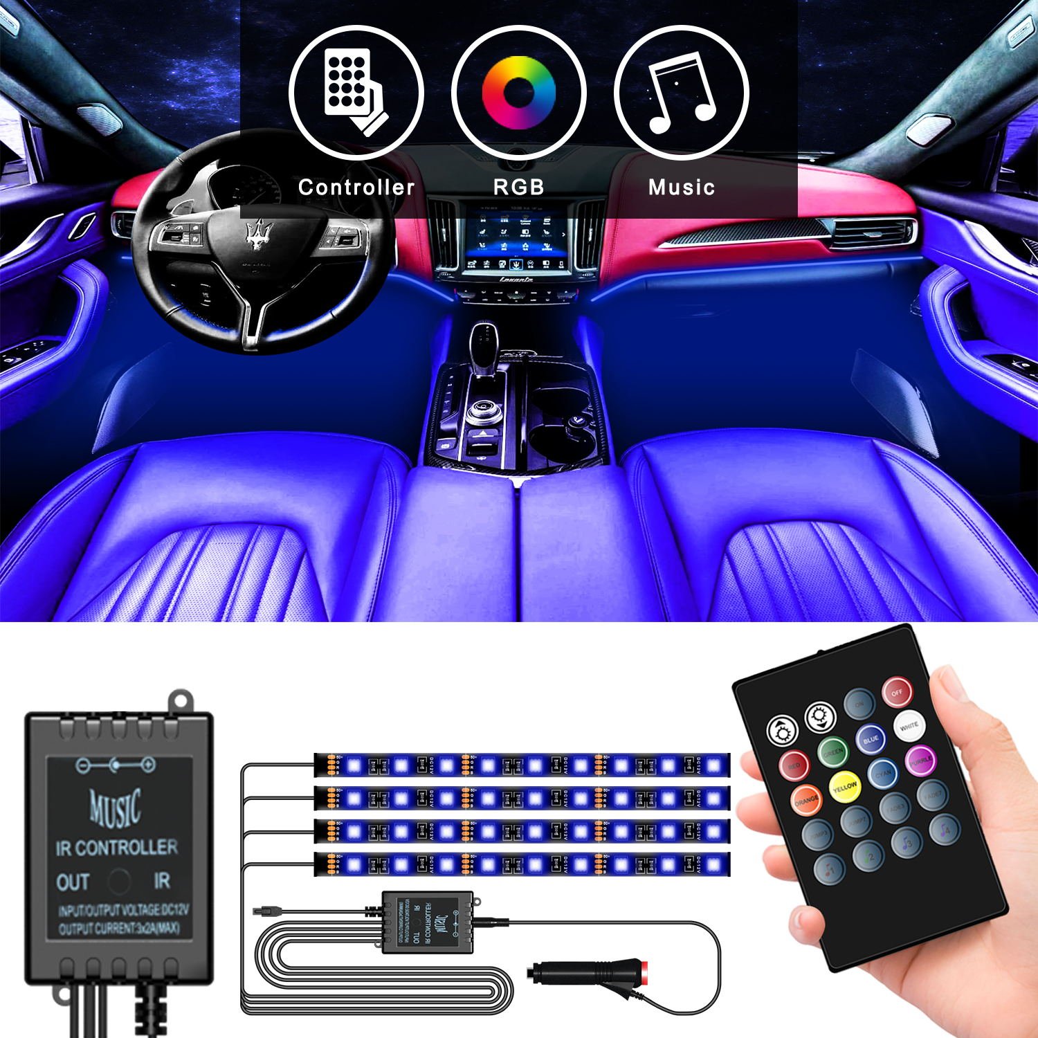 Hot Sale RGB Bluetooth Control Car Interior Led Strip Light Automatic Atmosphere Light Dimming Lighting Strip Kit