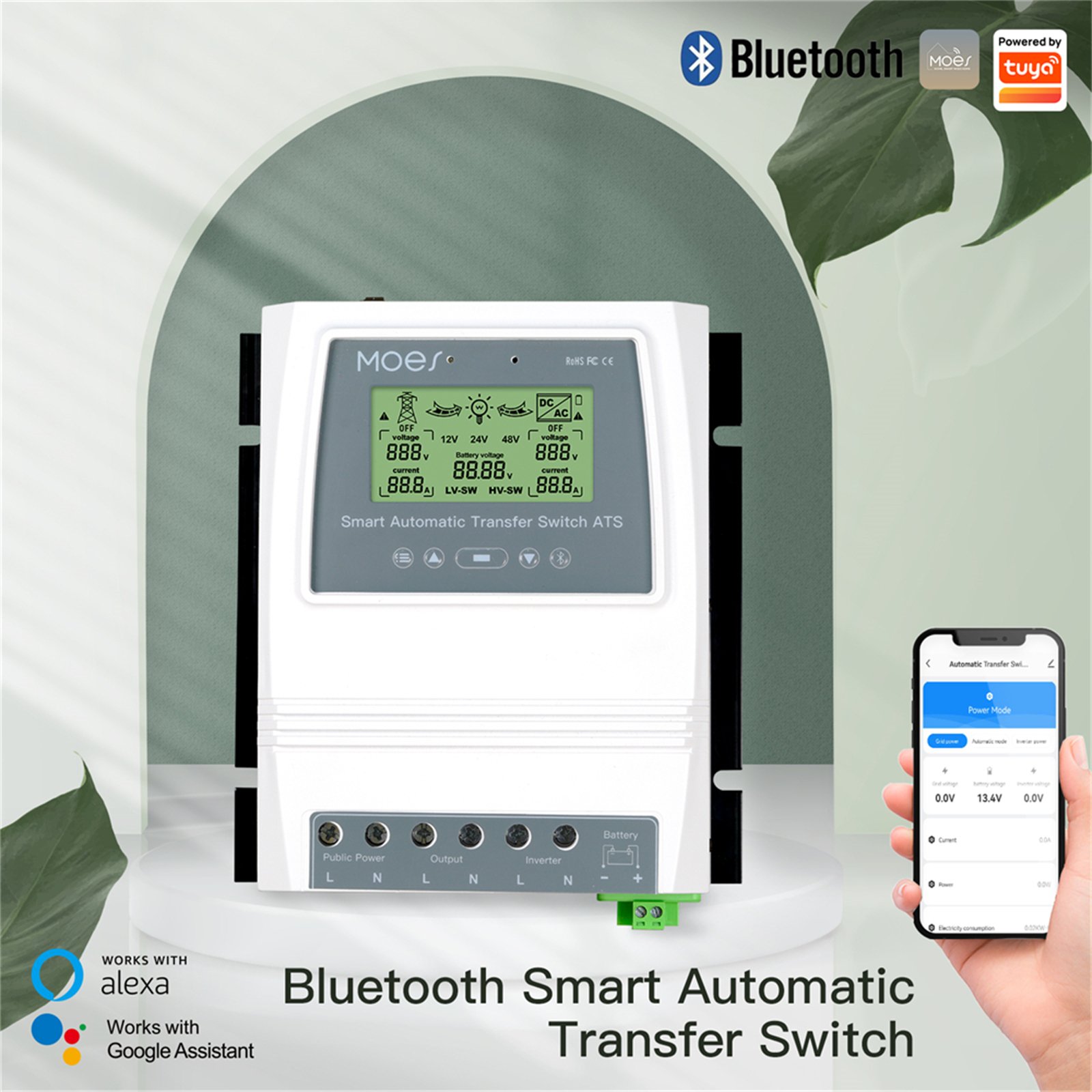MOES Smart Mobile bluetooth App Control ATS 80A 16KW Automatic Transfer Switch Energy Saving for Off Grid Solar /wind Generator