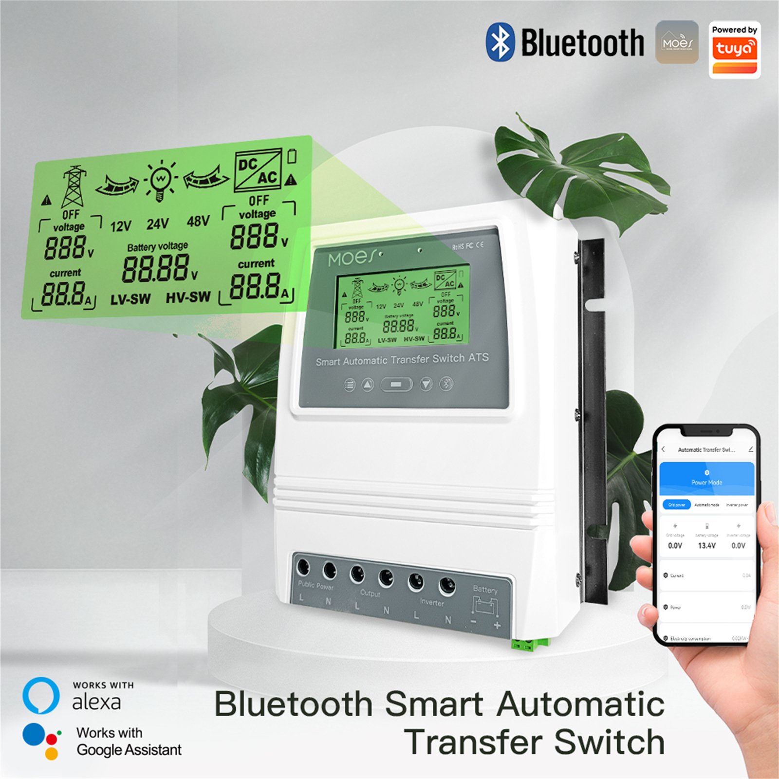 MOES Smart Mobile bluetooth App Control ATS 80A 16KW Automatic Transfer Switch Energy Saving for Off Grid Solar /wind Generator
