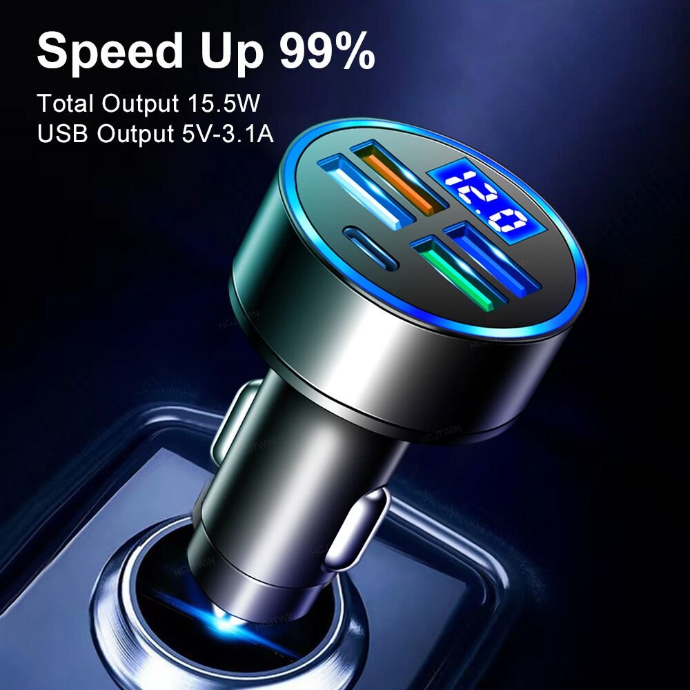 New Arrivals Car Charger with LED Digital Display 33W 5 in 1 Quick Adapter 4 USB Port Type C PD Car Charging Station Charger