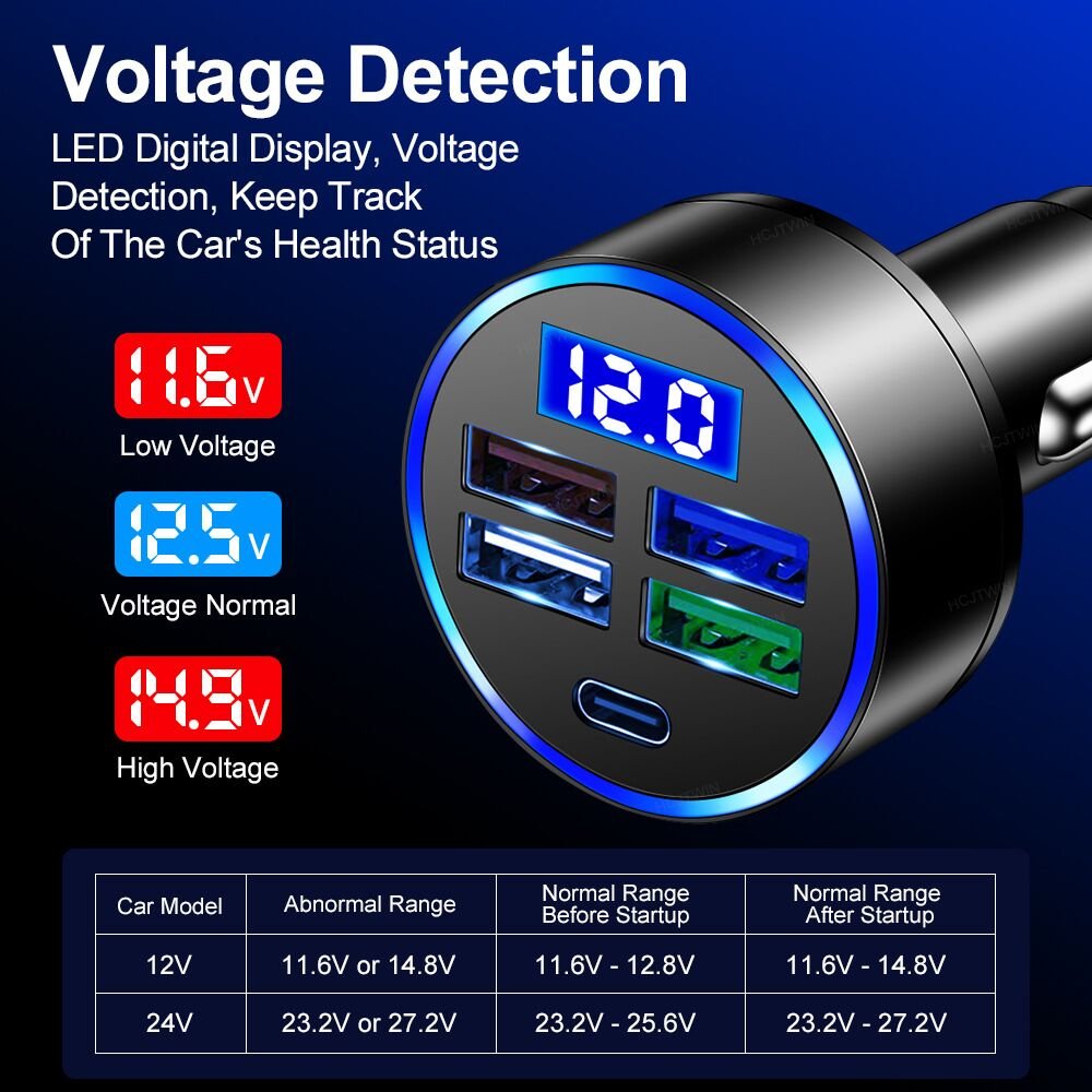 New Arrivals Car Charger with LED Digital Display 33W 5 in 1 Quick Adapter 4 USB Port Type C PD Car Charging Station Charger