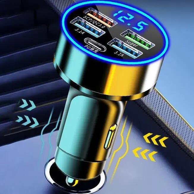 New Arrivals Car Charger with LED Digital Display 33W 5 in 1 Quick Adapter 4 USB Port Type C PD Car Charging Station Charger