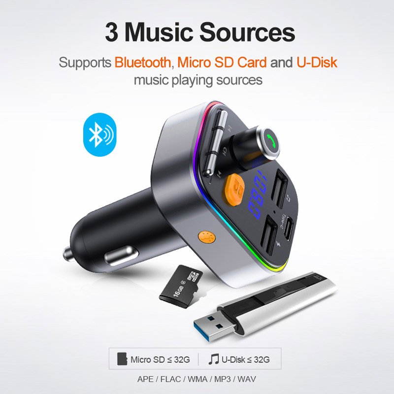 T48 BT 5.0 Fm Transmitter Car Kit MP3 Modulator Car Charger 5V 2.4A Double USB With Type-C Order