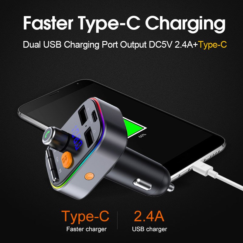 T48 BT 5.0 Fm Transmitter Car Kit MP3 Modulator Car Charger 5V 2.4A Double USB With Type-C Order
