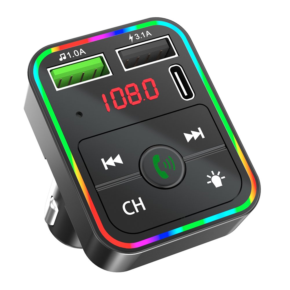 2024 New Dropshipping F2 Car BT FM Transmitter Colorful LED Backlight Hands Free Car Kit Charger TF Card MP3 Player USB C PD