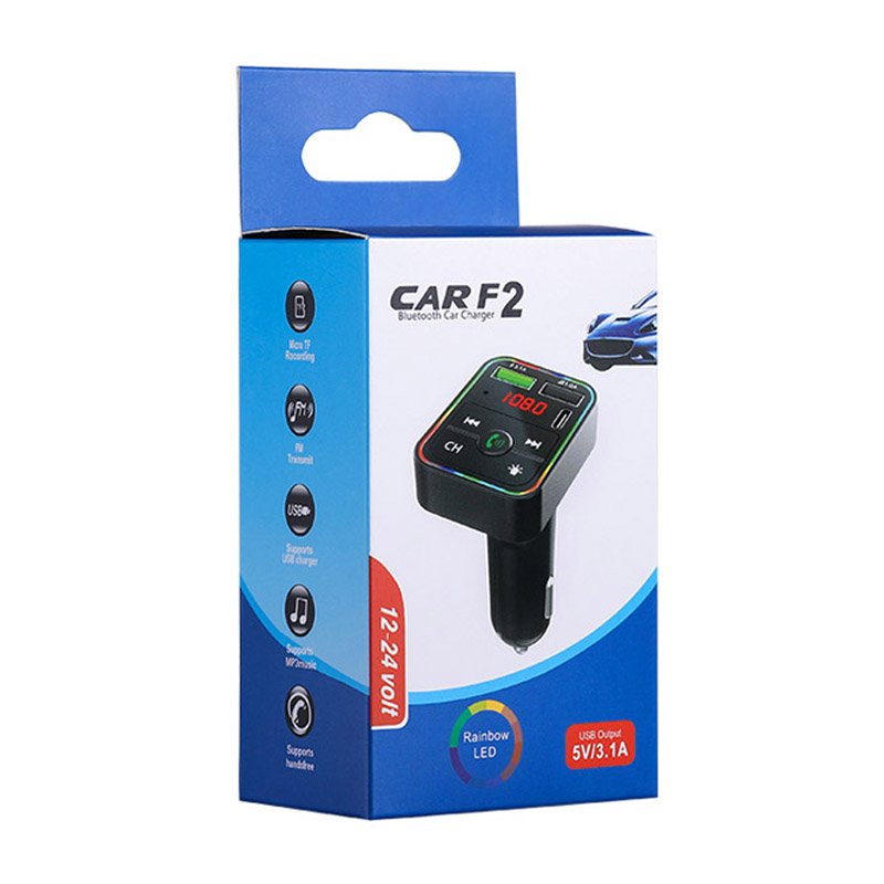 2024 New Dropshipping F2 Car BT FM Transmitter Colorful LED Backlight Hands Free Car Kit Charger TF Card MP3 Player USB C PD