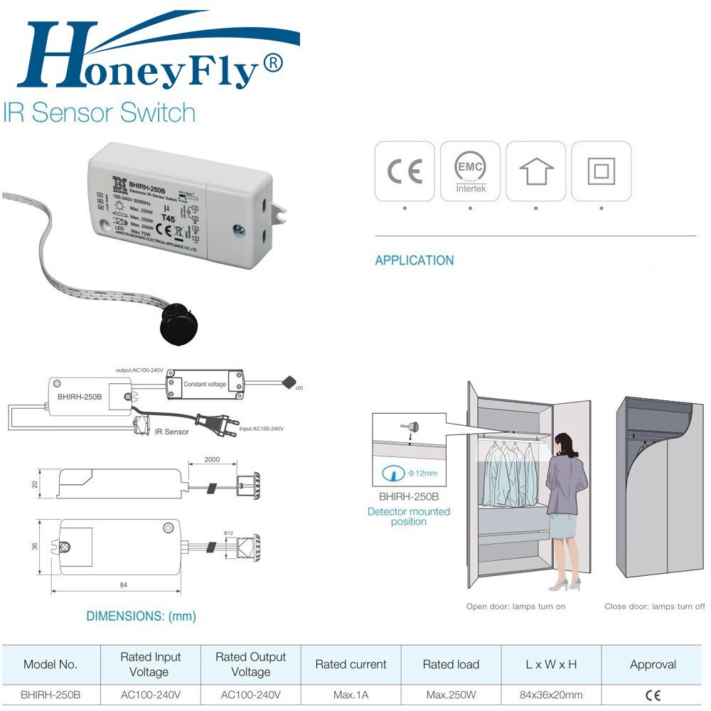 HoneyFly Cabinet Light Switch BHIRH-250B IR Sensor Switch Used Inside Cabinet (Open Door, Light On/Close Door, Light Off)