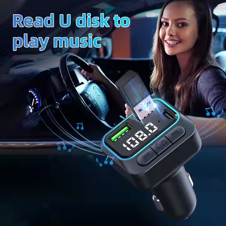 Car BT 5.3 FM Transmitter Dual USB Car Charger 22.5W Fast Charging Wireless Handsfree Call Audio Receiver MP3 Player TF Card