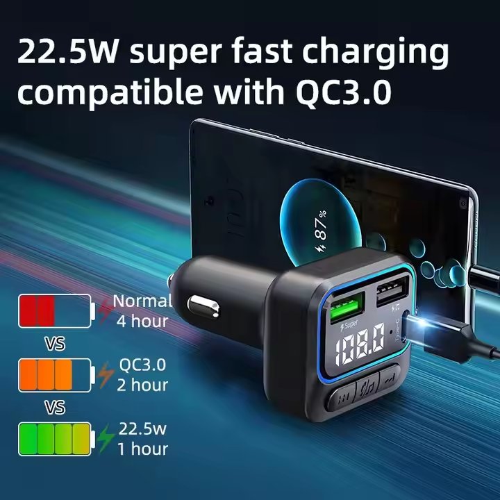 Car BT 5.3 FM Transmitter Dual USB Car Charger 22.5W Fast Charging Wireless Handsfree Call Audio Receiver MP3 Player TF Card