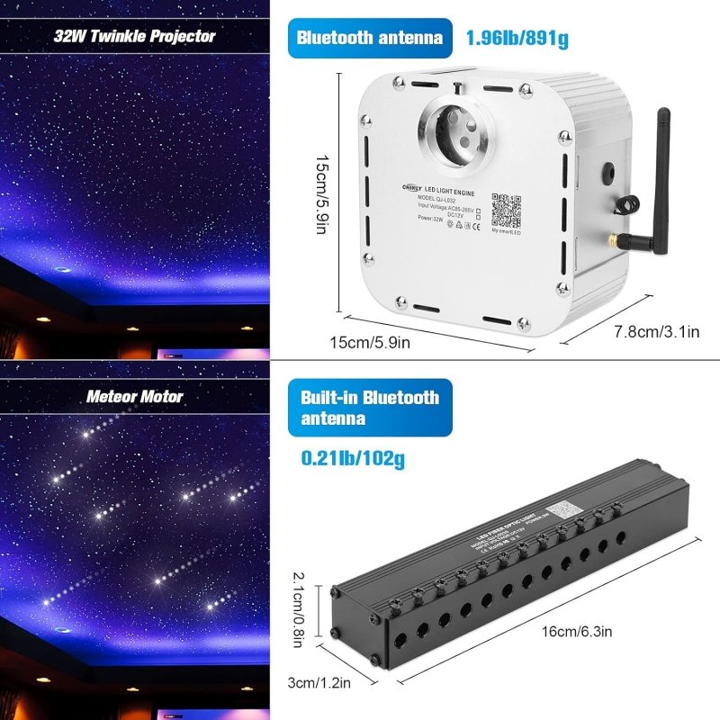 32W Twinkle RGBW 1000 Pcs Mixed Fibers Starlight Headliner Kit With Shooting Star by Music APP Controlled+ Remote