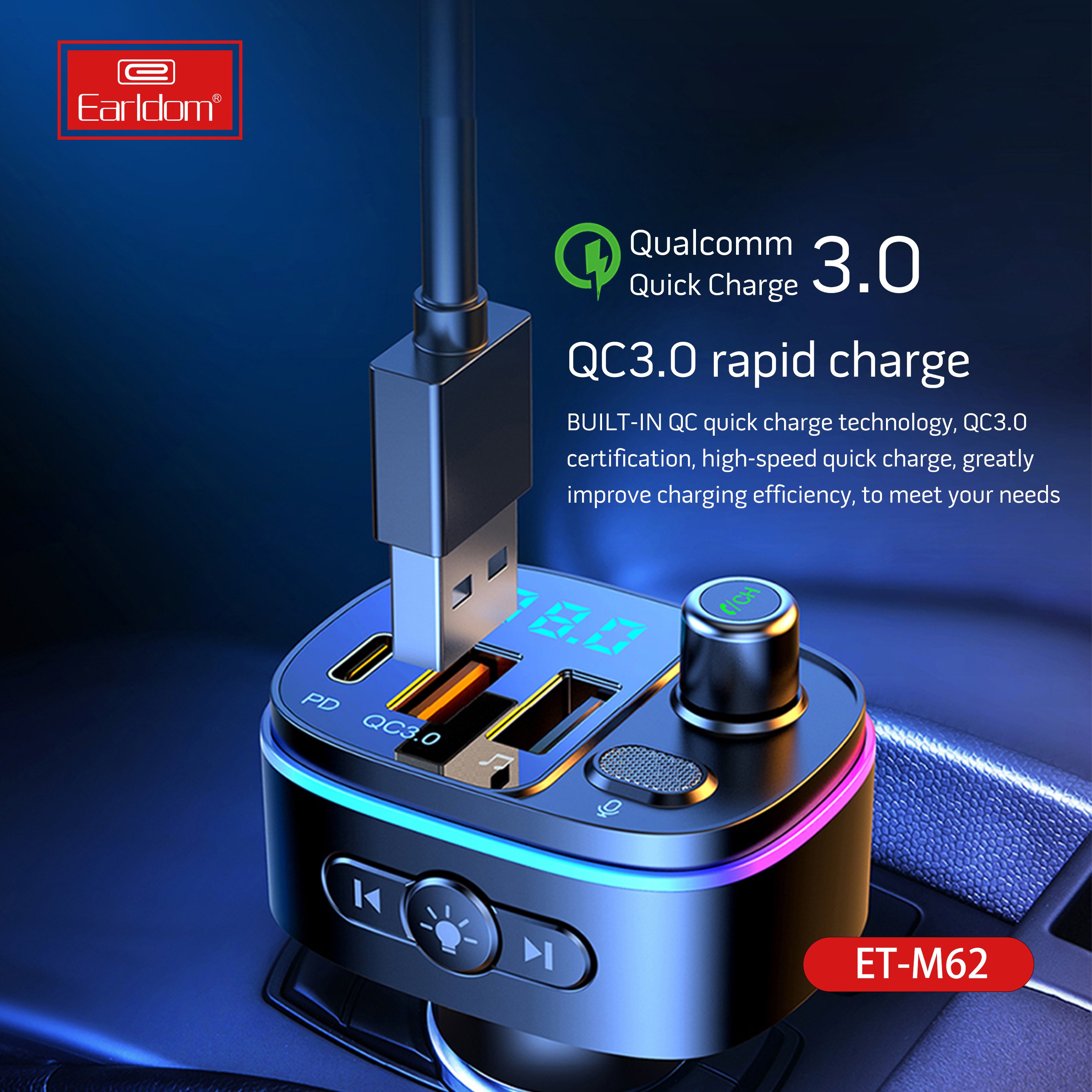 EARLDOM Car FM Transmitter MP3 Player Blue Tooth 5.0 with PD and Dual USB Quick Charging Ports QC3.0 Hands-Free Calling Car Kit