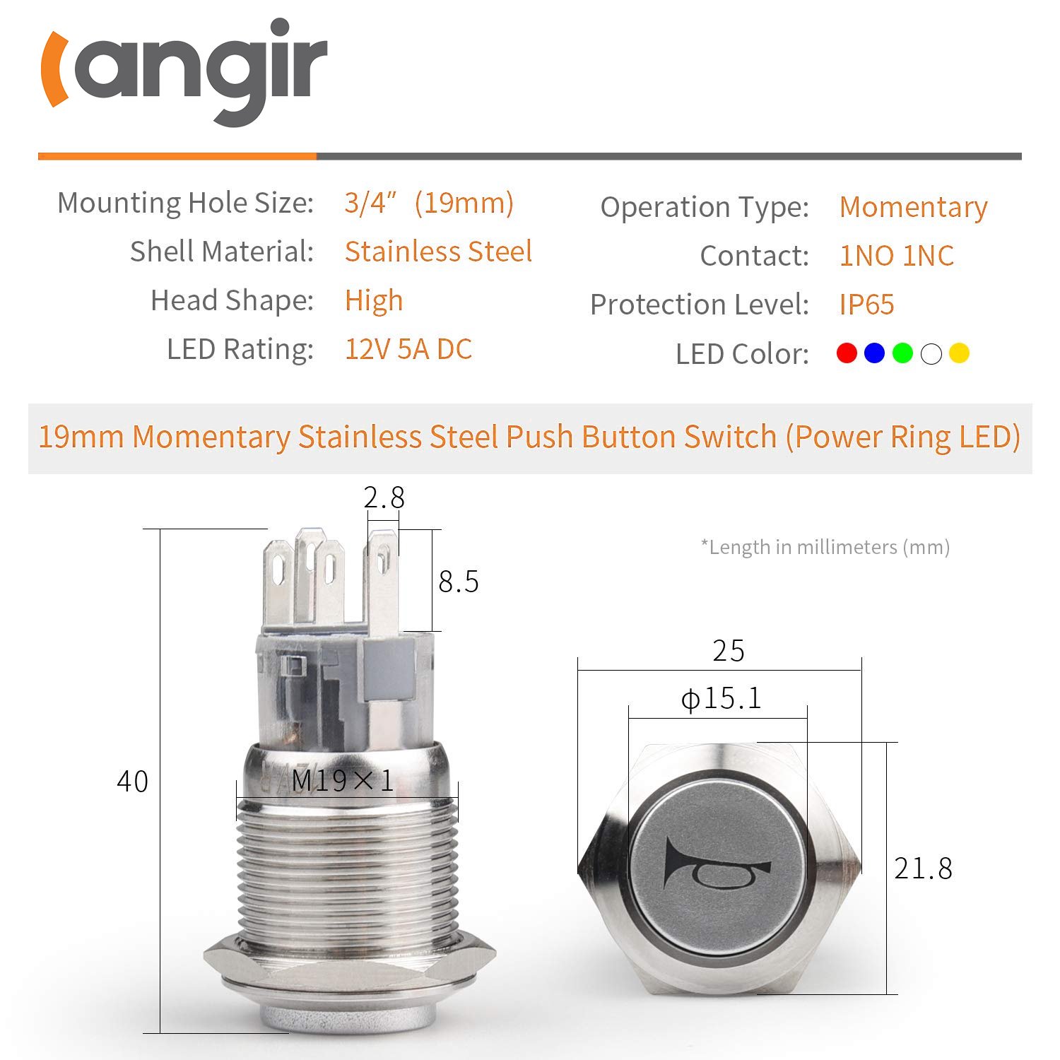 19mm 12V Momentary Speaker Horn Push Button Toggle Switch 3/4" Mounting Hole 1NO 1NC SPDT for Car Auto Motor Aluminium Alloy