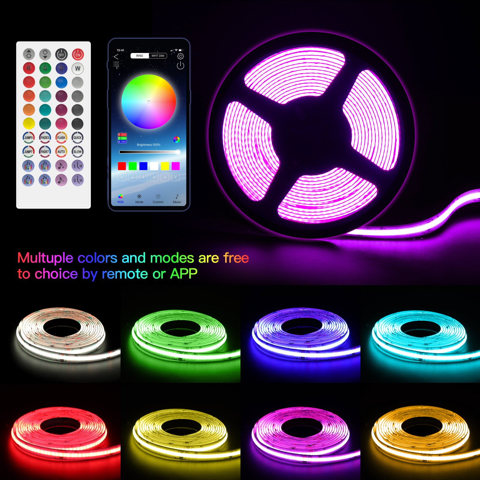 High Quality Smart RGB LED Strip Lights, Cob Light Strip TV Backlight Multicolor Address LED Strip, 10mm RVB 12V 24V LED Strip