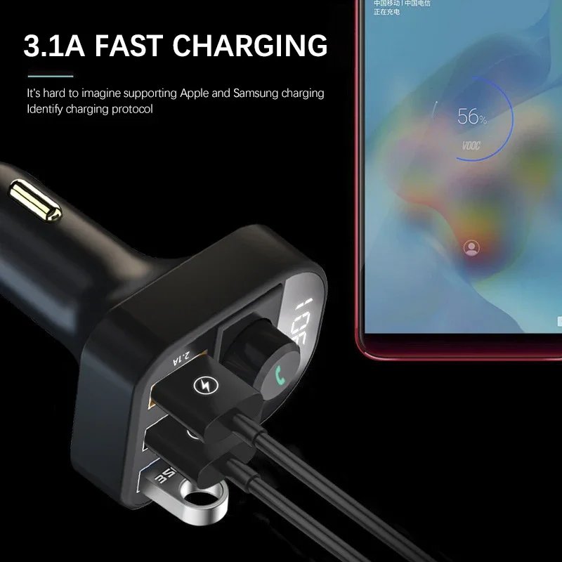 QC3.0 Car Charger Dual USB Type-C BT 5.0 Hands Free Car Kit Audio Adapter Bluetooth Wireless FM Transmitter Car MP3 Player