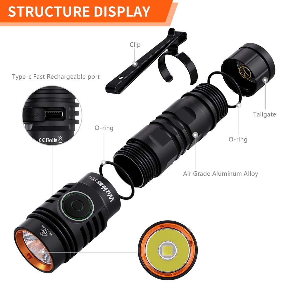 Wurkkos FC13 XHP50.2 LED 3400 Lumen Long Distance Hunting Rechargeable 18650 EDC Flashlight Tactical Torch Light