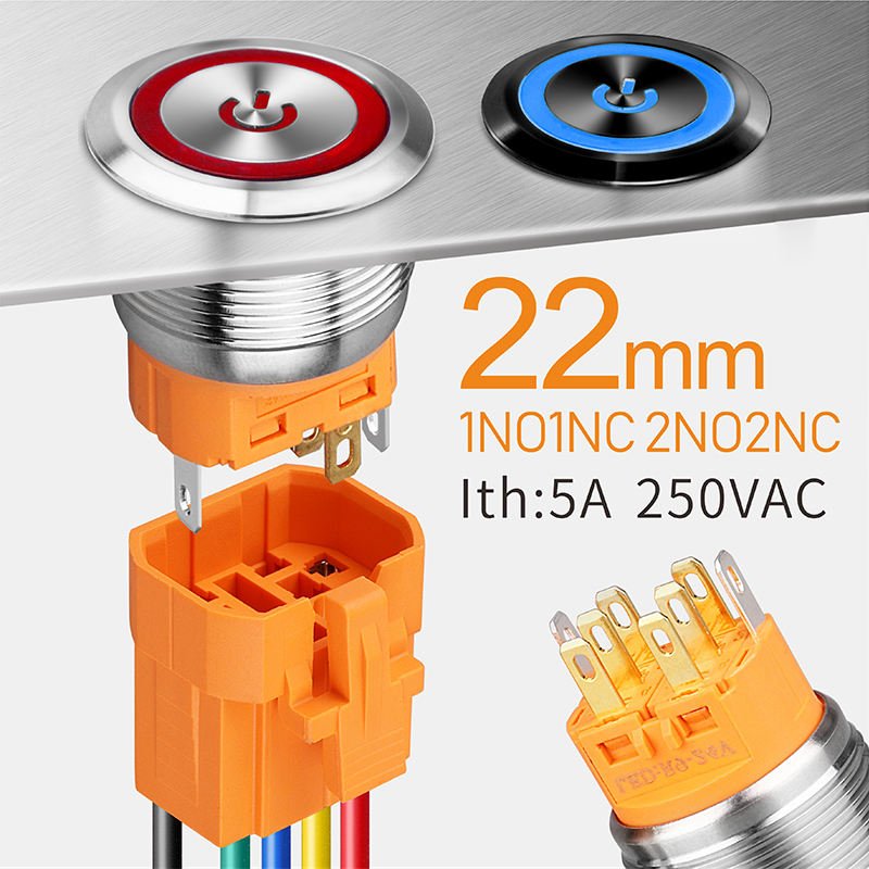 22mm 12v Illuminated Auto On-Off Connection Harness Electric Led Push Button Switch