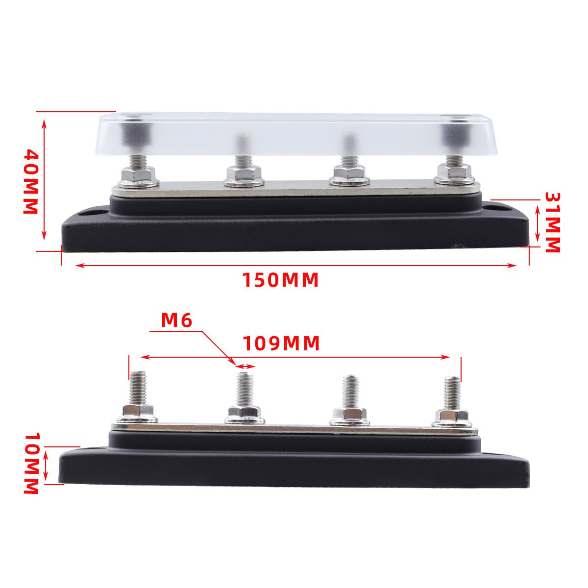 48V 100A/150A Electric Battery Copper 4 Stud Power Terminal Block Positive Ground Distribution Block BusBar for Car Truc