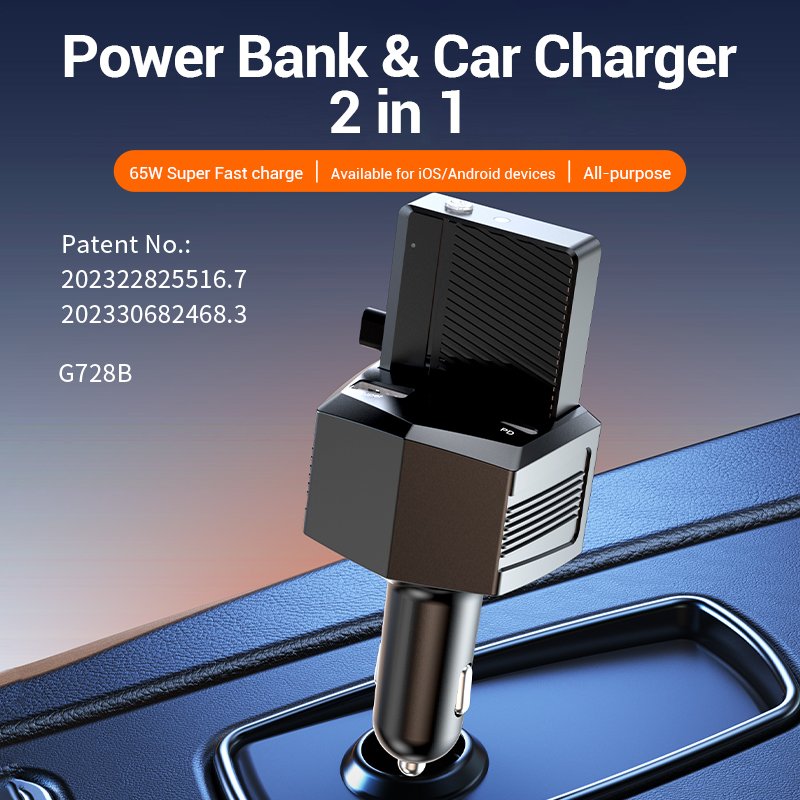 G728B QC3.0/PD2.0 Type-C/USB 65W Mini Portable Power Bank Cell Phone Charger for Car 12v Cigarette