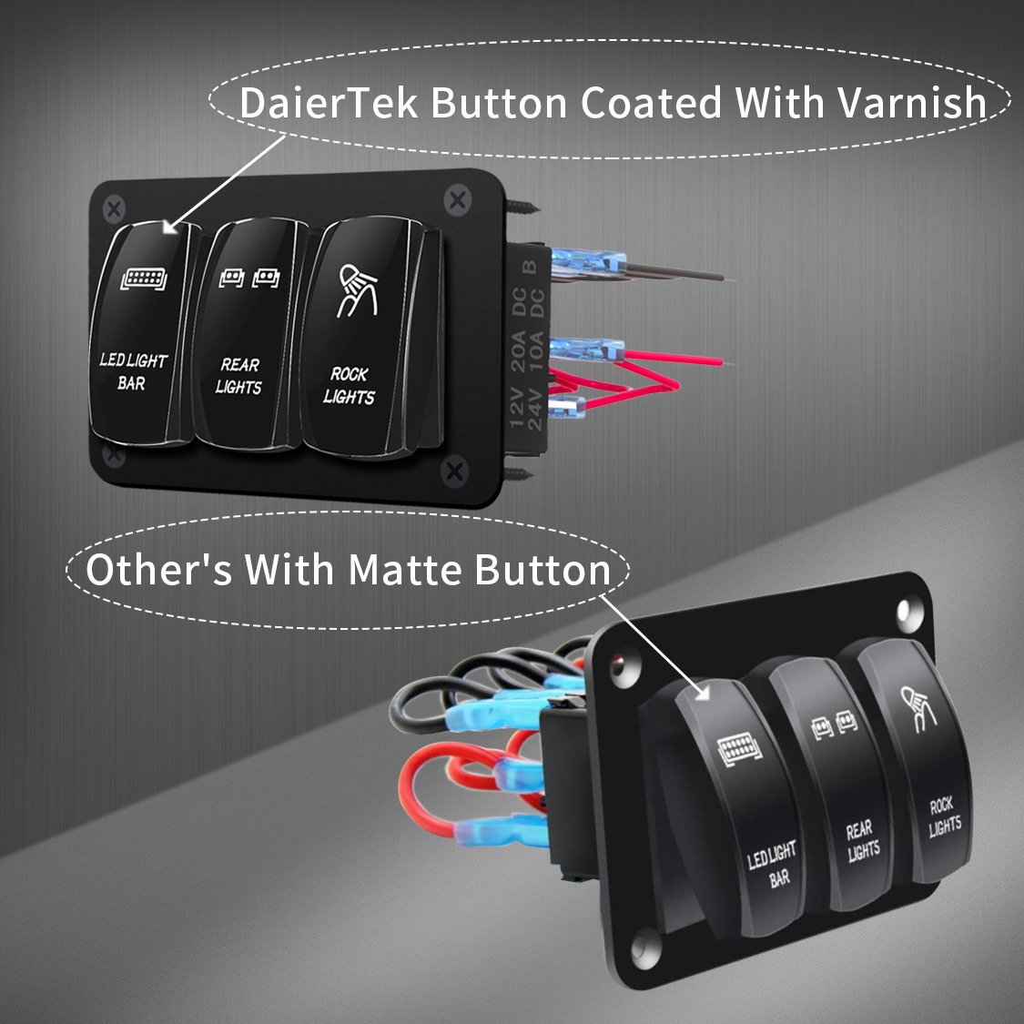 DaierTek Waterproof Auto Switch Panels 12V 3 Gang Blue Led Switch Panel Led Light Bar Switch Panel with Wire for Car Marine Boat