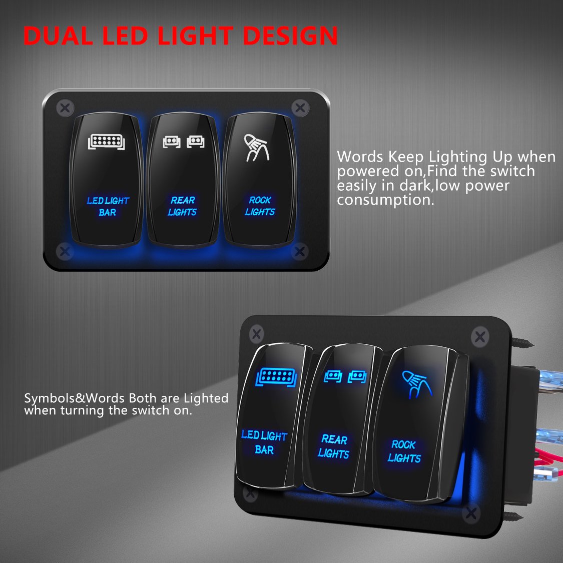 DaierTek Waterproof Auto Switch Panels 12V 3 Gang Blue Led Switch Panel Led Light Bar Switch Panel with Wire for Car Marine Boat