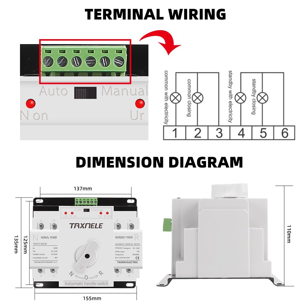 ATS Dual Power Automatic Transfer Switch Changeover Switch Circuit Breaker MCB AC 230V 2P 63A