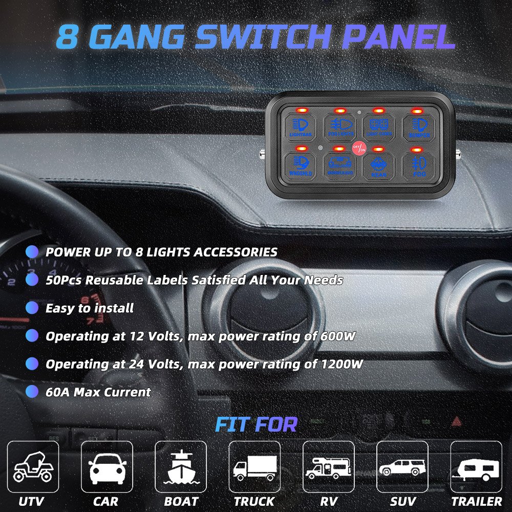 Marine Boat SUV Car Universal Automotive Off Road Lights 4x4 12V 24V 8 Gang LED Switch Panel With Circuit Control Box for Truck