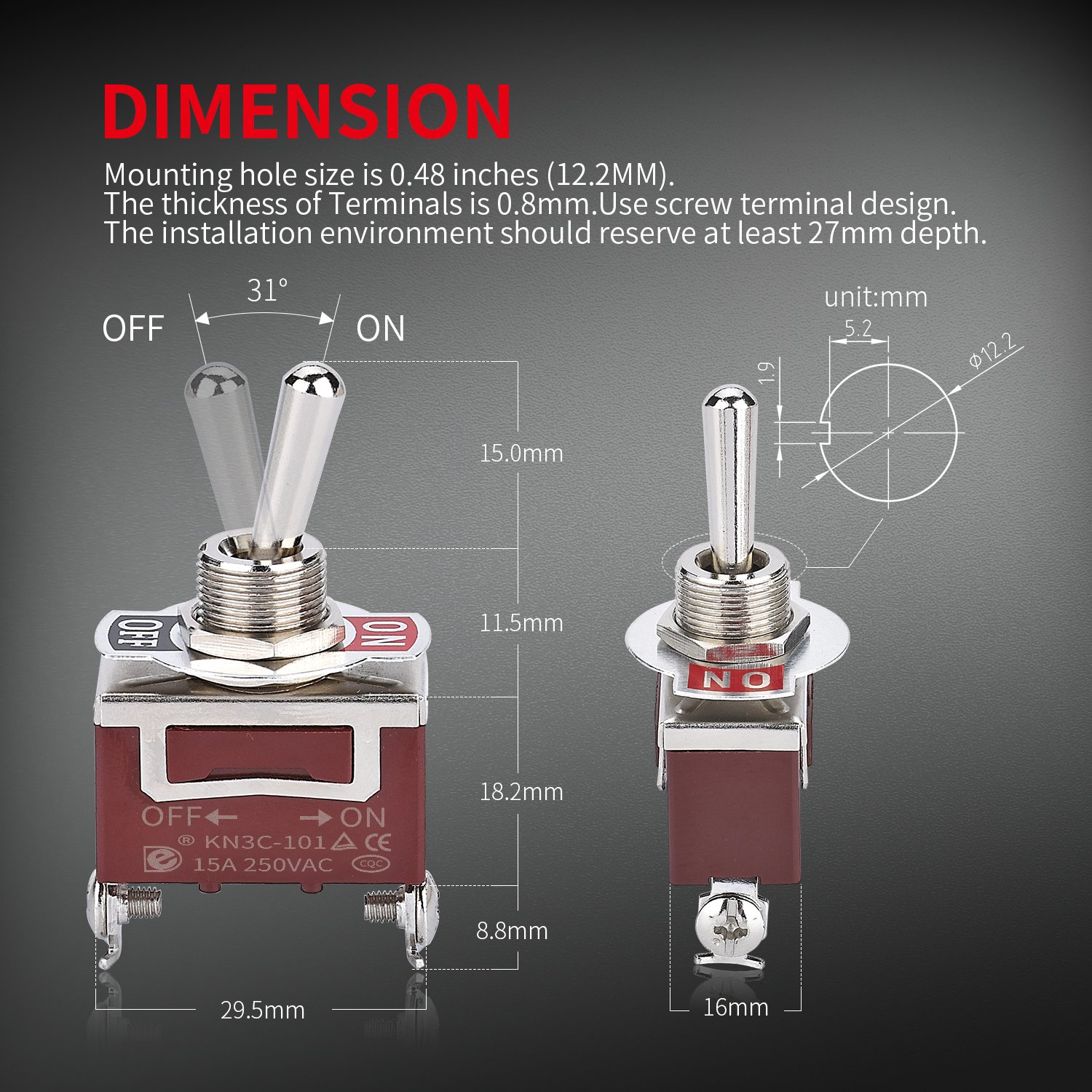 Heavy Duty 30A 12VDC SPST 2Pin Toggle Switch Waterproof Metal 12MM 2Positions ON-OFF Latching Toggle Switch for Auto Car ATV