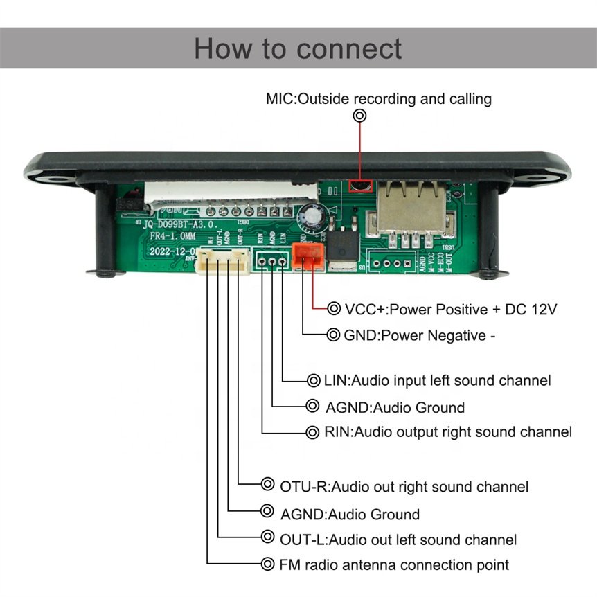 Audio Decoder Module Bluetooth Voice Recorder USB Kit 12V MP3 Music PCB Board With Led