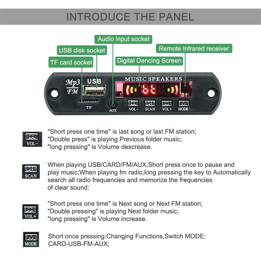 Audio Decoder Module Bluetooth Voice Recorder USB Kit 12V MP3 Music PCB Board With Led