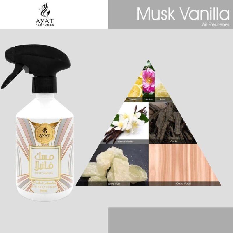 MUSK VANILLA 500ML by Ayat Perfumes Home Perfume Room Refresher Spray Halal Certified Rose Scented Mist Home Car Deodorant