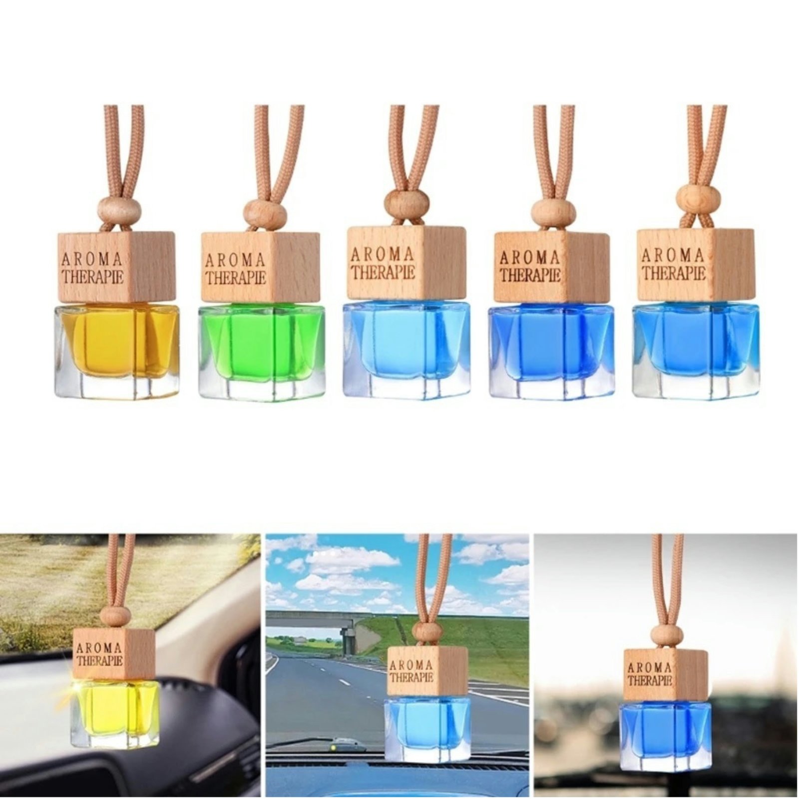 Car Fragrance Pendant Perfume Oil Diffuser Air Freshener High-End Rearview Mirror Pendant Car Use Square Shaped Bottle Wood