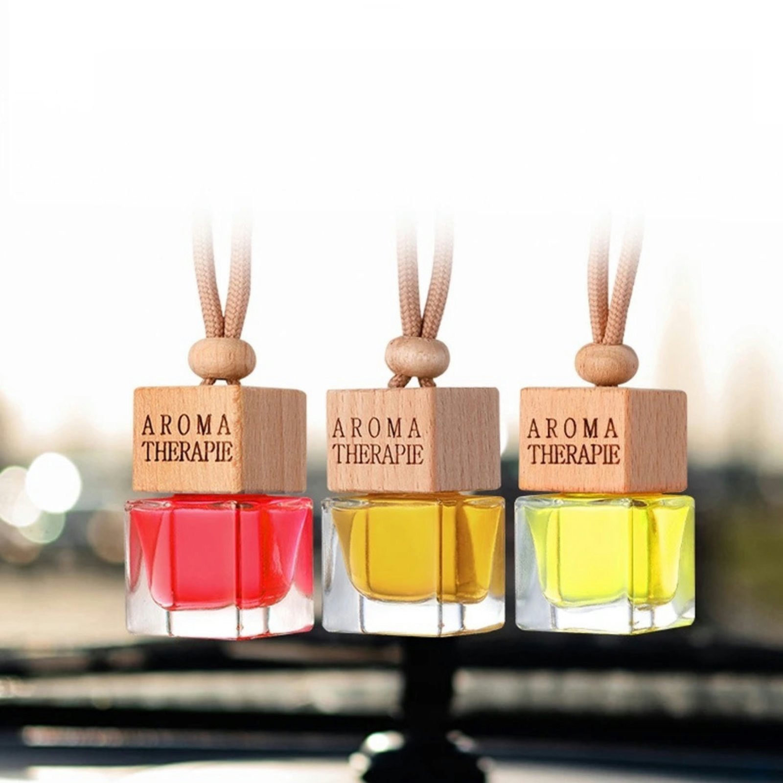 Car Fragrance Pendant Perfume Oil Diffuser Air Freshener High-End Rearview Mirror Pendant Car Use Square Shaped Bottle Wood