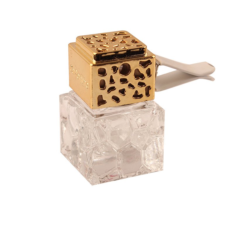 Custom 8ml, 10ml Gold Square Shape Metal lid Colorful Car Perfume Glass Bottle Car Air Freshener with Clip