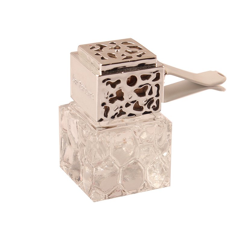 Custom 8ml, 10ml Gold Square Shape Metal lid Colorful Car Perfume Glass Bottle Car Air Freshener with Clip