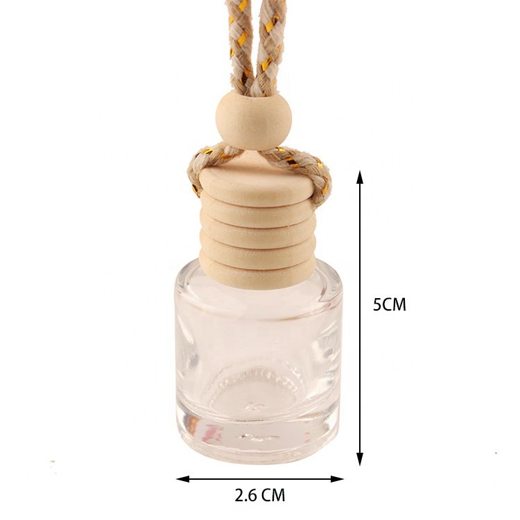 8ml Round Shape wholesale Wooden Lid with Hanging Rope Diffuser Empty Clear Glass Car Perfume Bottle with Logo