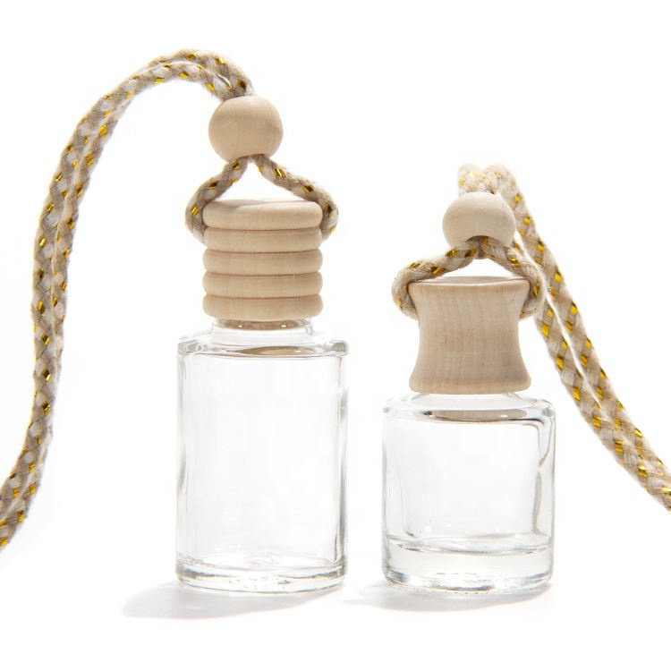8ml Round Shape wholesale Wooden Lid with Hanging Rope Diffuser Empty Clear Glass Car Perfume Bottle with Logo
