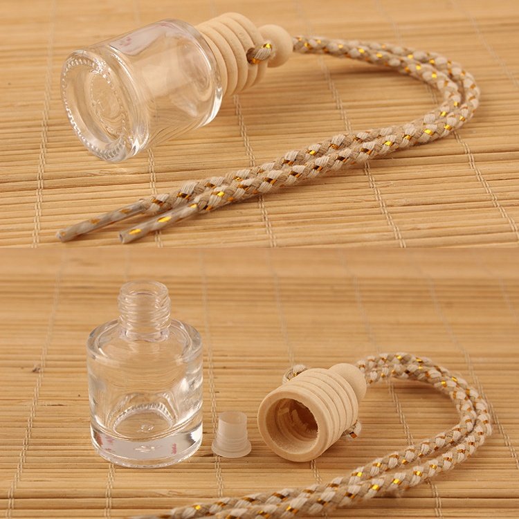 8ml Round Shape wholesale Wooden Lid with Hanging Rope Diffuser Empty Clear Glass Car Perfume Bottle with Logo