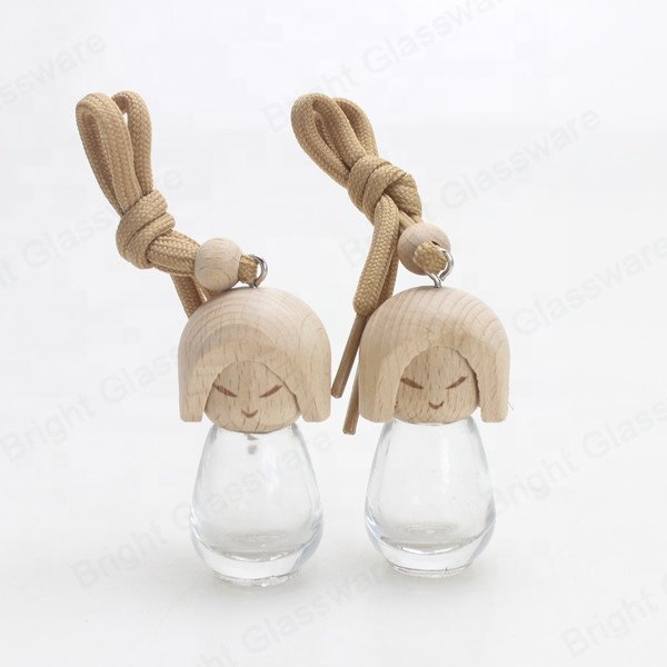 Unique Shape 5ml 10ml 15ml Hanging Car Diffuser Perfume Glass Bottle with Wooden Lid Car Diffuser Bottle Freshener