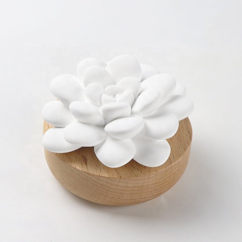 Stocked Wholesale Home Office Decoration Air Freshener Wood Base Ceramic Flower Aroma Plaster Essential Oil Fragrance Diffuser