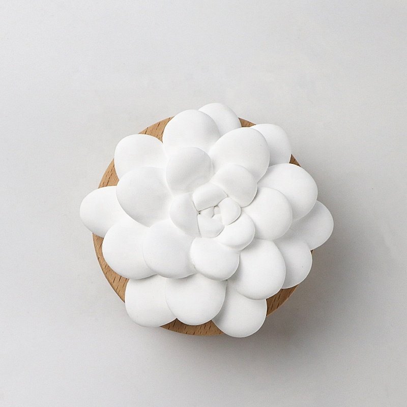 Stocked Wholesale Home Office Decoration Air Freshener Wood Base Ceramic Flower Aroma Plaster Essential Oil Fragrance Diffuser