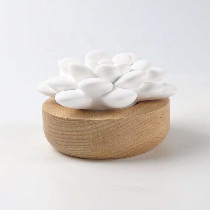 Stocked Wholesale Home Office Decoration Air Freshener Wood Base Ceramic Flower Aroma Plaster Essential Oil Fragrance Diffuser