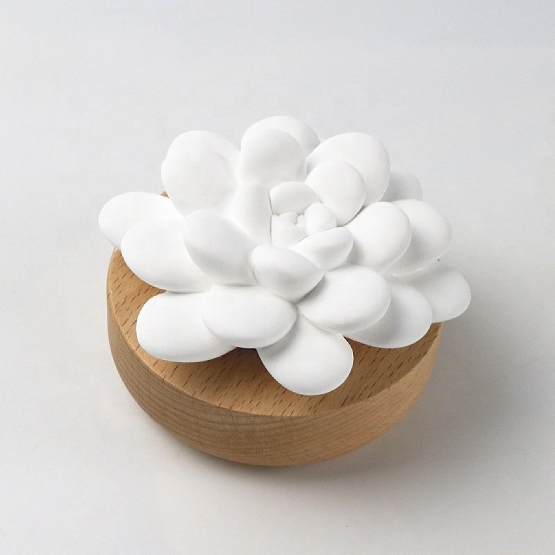 Stocked Wholesale Home Office Decoration Air Freshener Wood Base Ceramic Flower Aroma Plaster Essential Oil Fragrance Diffuser