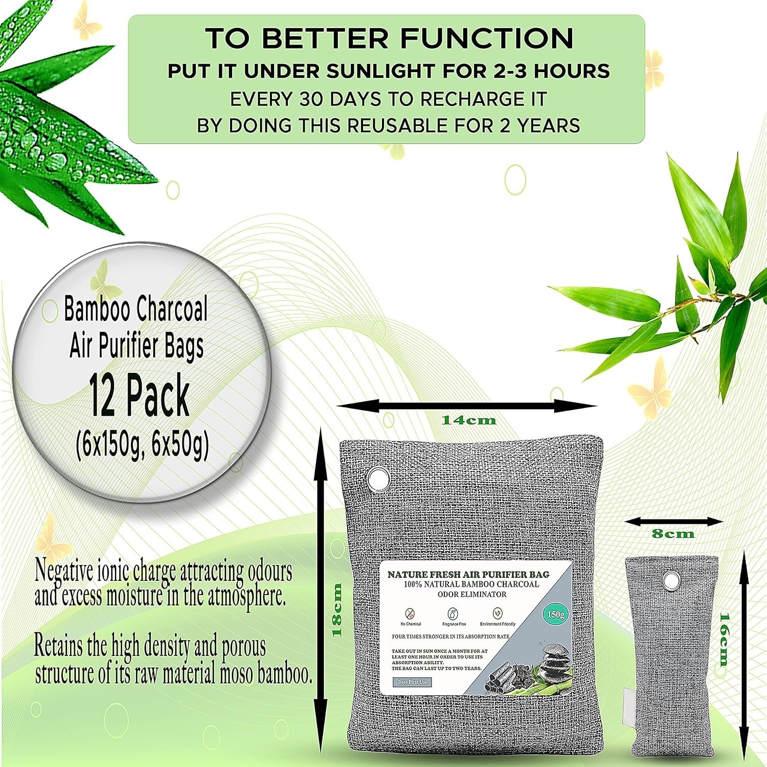 12 Pack Bamboo Charcoal Air Purifying Bags Odor ELiminator Activated Charcoal bag for Home and Car 6x150g 6x50g